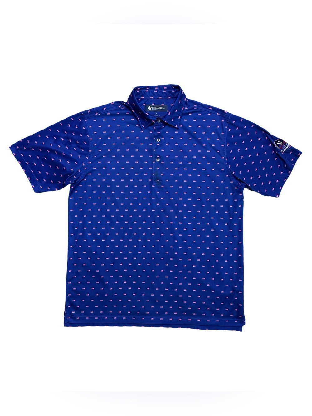 Donald Ross Golf Polo Shirt Mens Medium Blue USA Flag Vineyards Country Club